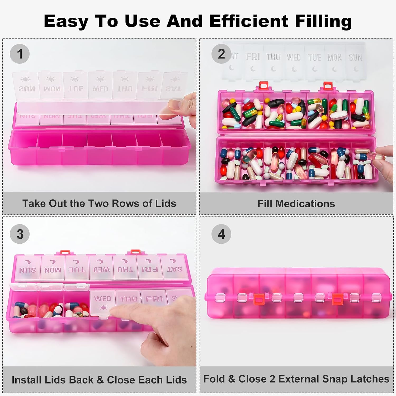 Foldable Pill Organizer 2 Times a Day w/Etched Labels -Dual Protection & Portable Weekly AM PM Pill Box, 7 Day Medicine Container, Large Travel Pill Case for Week Daily Supplement Vitamin -Clear Pink