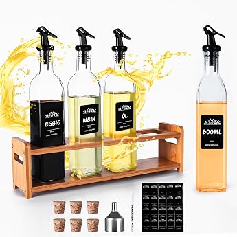 SAEIV Vinegar and Oil Bottles Set with Warm Yellow Stand 4 x 500 ml Oil Dispenser Oil Bottle with Pourer Olive Oil Bottle Vin
