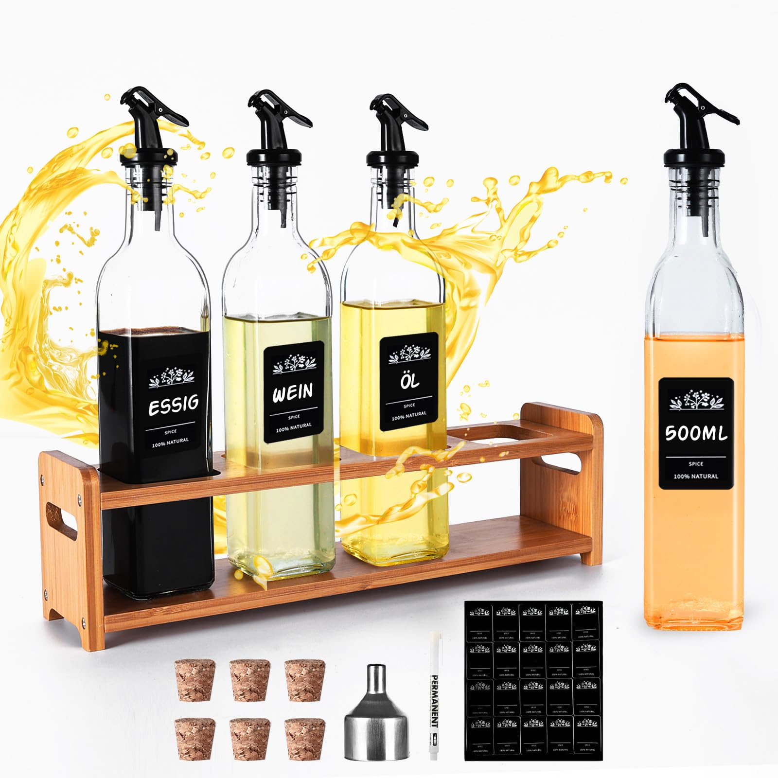 SAEIV Bottiglia per Olio 4x500ml con Portabottiglie Bambù Giallo Caldo, Dosatore Olio Vetro Borosilicato Alto, Oliera Salvagoccia Porta Olio Bottiglia Olio Bottiglie per Olio con Accessori Completi