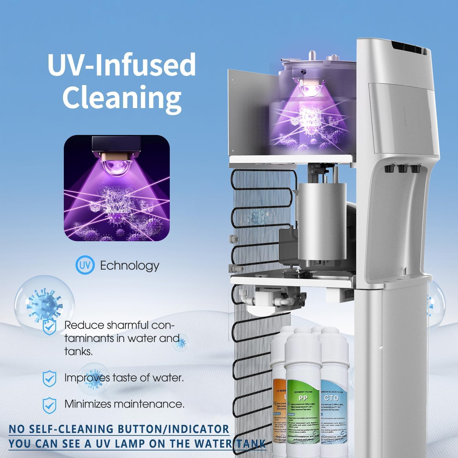 IKT Self Cleaning Bottleless Water Cooler Dispenser with Filters 4 Stage Filtration 3 Temperature Settings Perfect for Home Office Silver