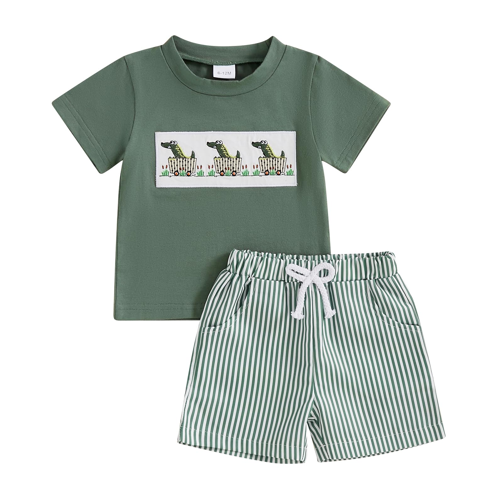 Toddler Baby Boy Summer Clothes Tree/Duck/Shark Short Sleeve Embroidery T-shirt Striped Shorts Set 2 Piece Outfit
