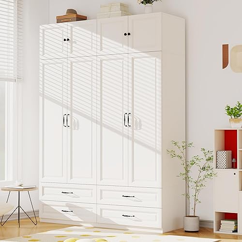 Miniatura 1 de Armario blanco con cajones: Armarios de dormitorio con barra para colgar, armario de madera para colgar ropa, armarios altos con puertas y estantes