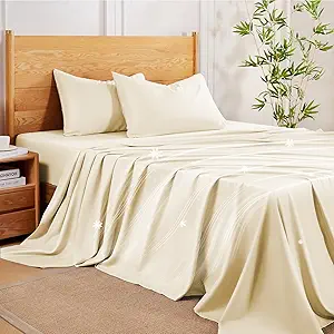 MR&HM Twin Sheets Set, 3-Piece Cooling Sheets, Rayon Derived from Bamboo & Polyester Blend, Soft & Silky, 15" Deep Pockets with Elastic Straps, Hotel Luxury for Hot Sleepers, Cream