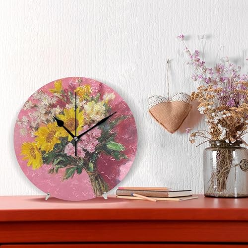 Miniatura 2 de Retro Flowers with Pink Oil Painting Feel 10 Inch Round Wall Mount Clock Silent Unique for Farmhouse Living Room Living Room reloj de pared para