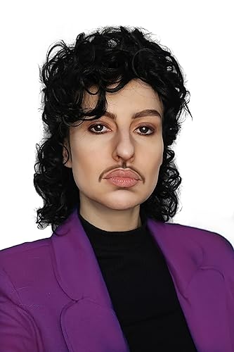 Miniatura 6 de ALLAURA Pelucas Purple Prince - Peluca para hombre, peluca de disfraz de los años 80 y 90, pelo corto rizado negro de anime para cosplay, peluca de