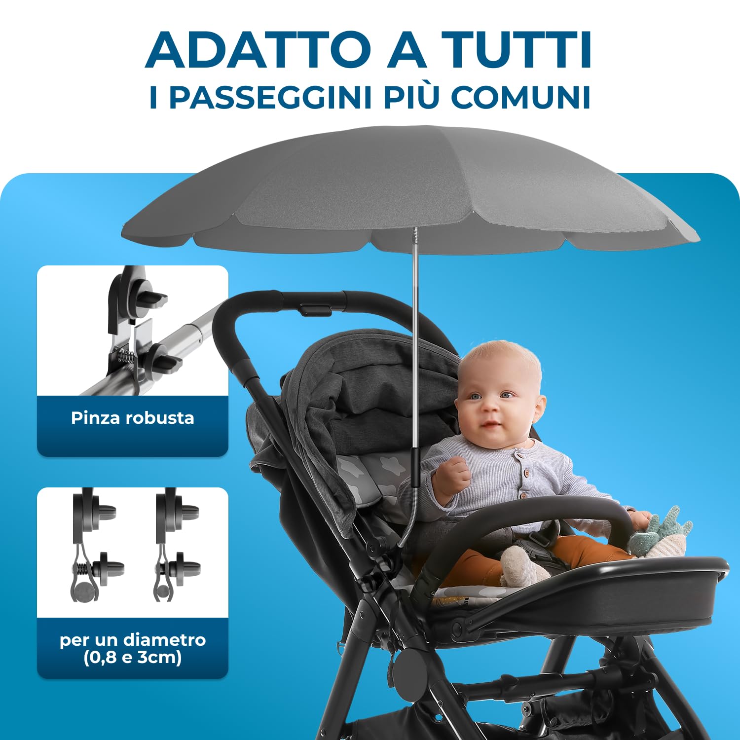 STYNGARD Ombrellino Passeggino UV 50+ 70 cm con Supporto Universale Modello ROMA