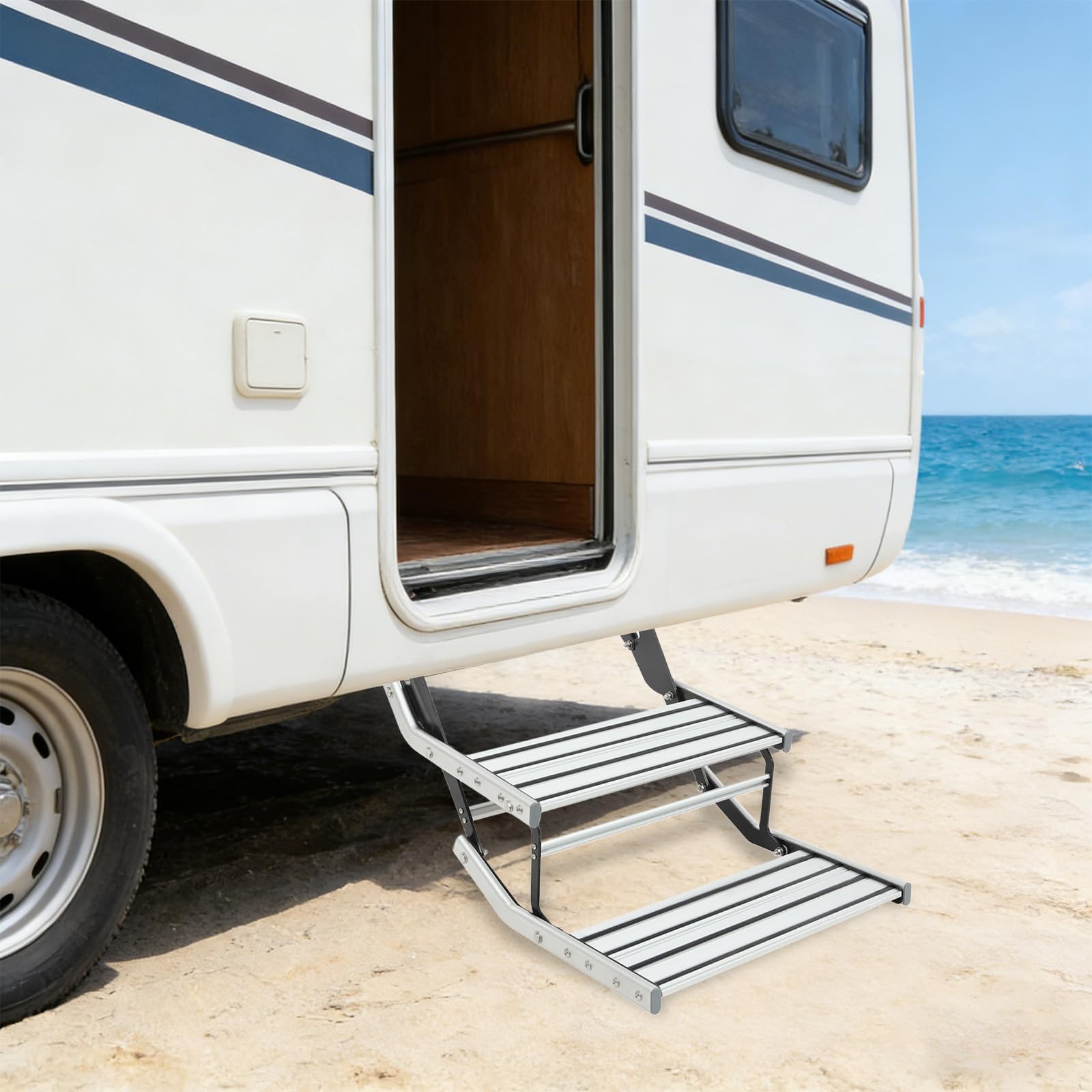 Gradino pieghevole per roulotte, 2 gradini, in alluminio | Lega di alluminio, gradino manuale per camper, camper, camper, barche, yacht