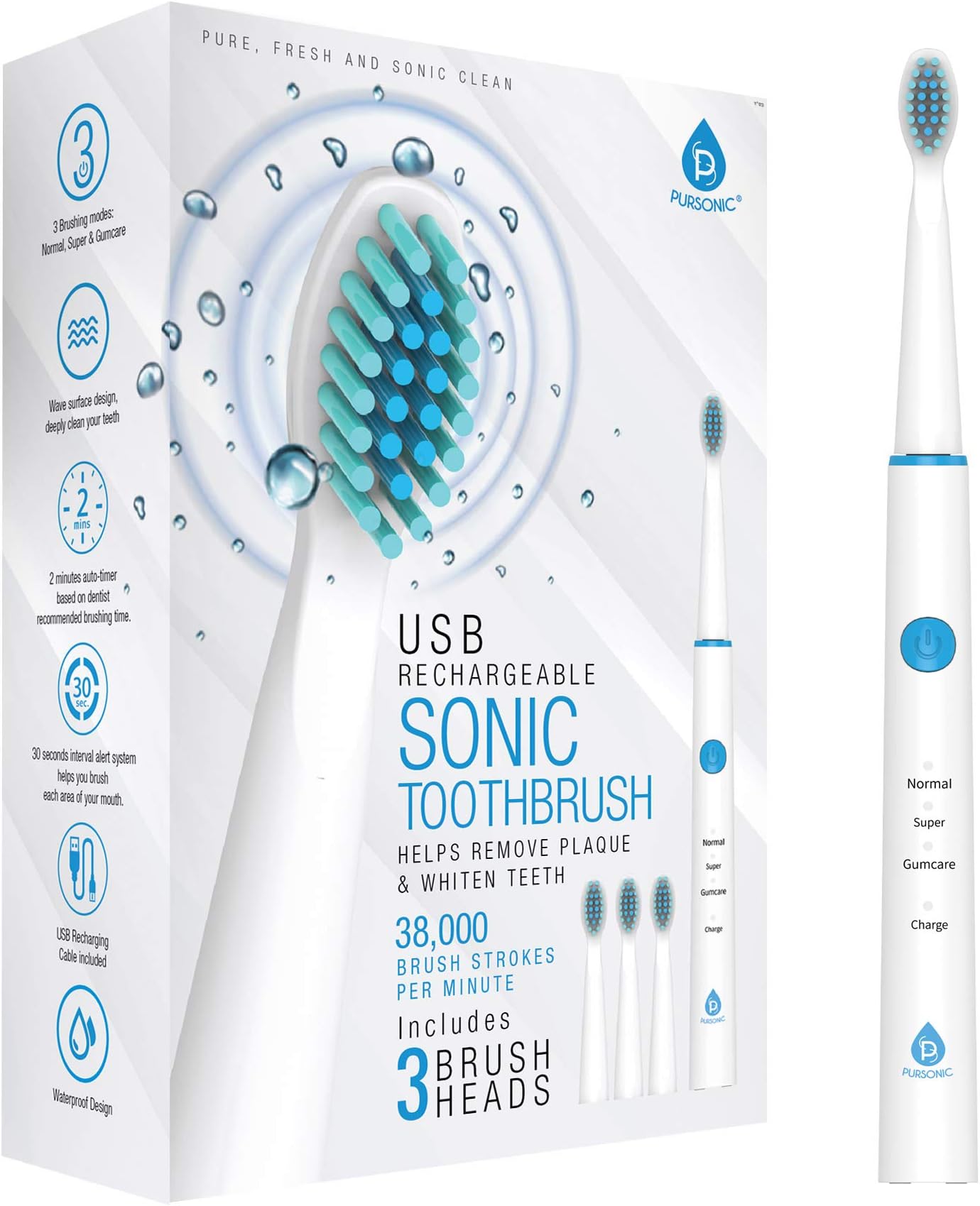 Sonic Technology Electric Toothbrush for Kids and Adults, 2 Minute Timer Powered Rechargeable Toothbrush, 5 Modes 3 Brush Heads, 30 Days Long Battery Life, Waterproof, White