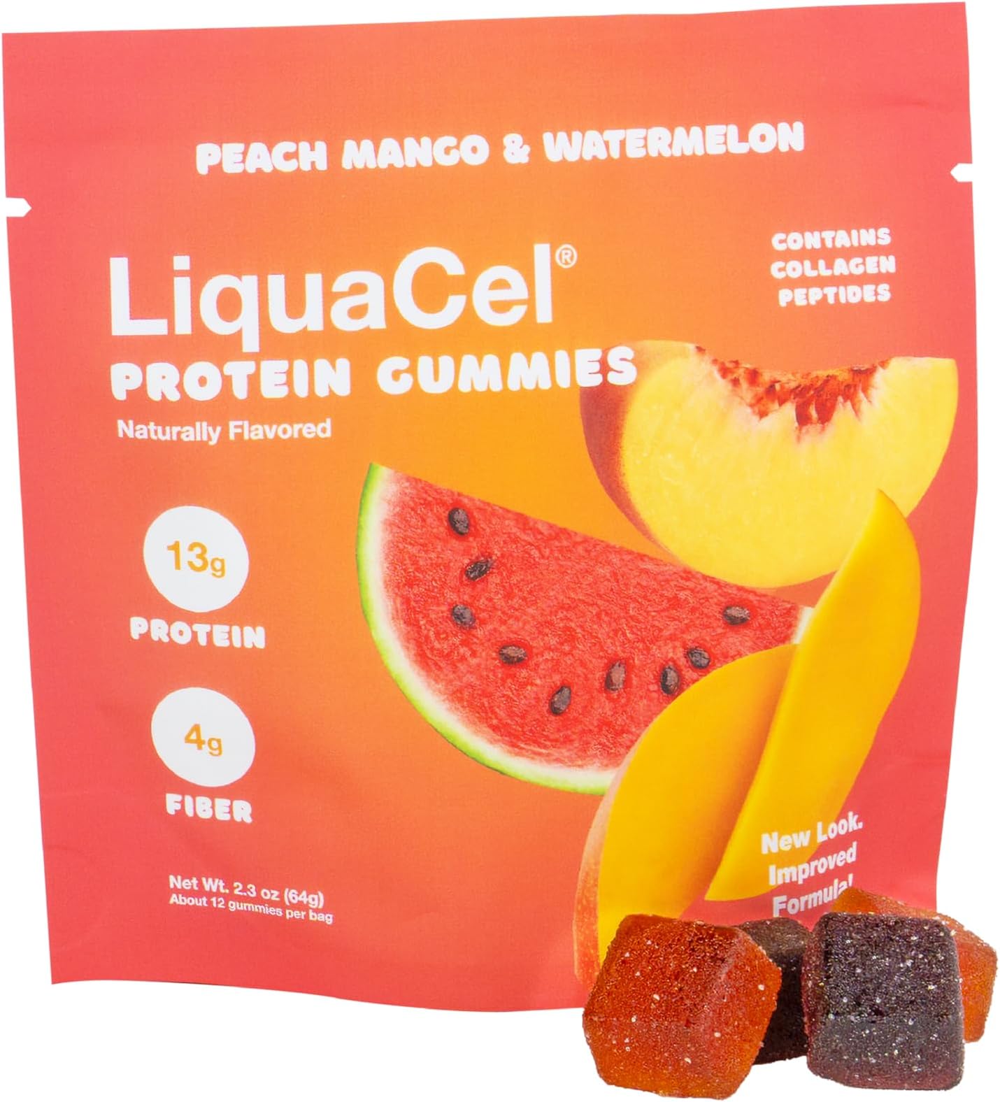Protein Gummies, Watermelon & Peach Mango, 13g Protein & 4g Fiber, Naturally Flavored with Collagen Peptides, No Artificial Colors or Flavors, Phosphorus-Free, 64g Bag of 12 Gummies