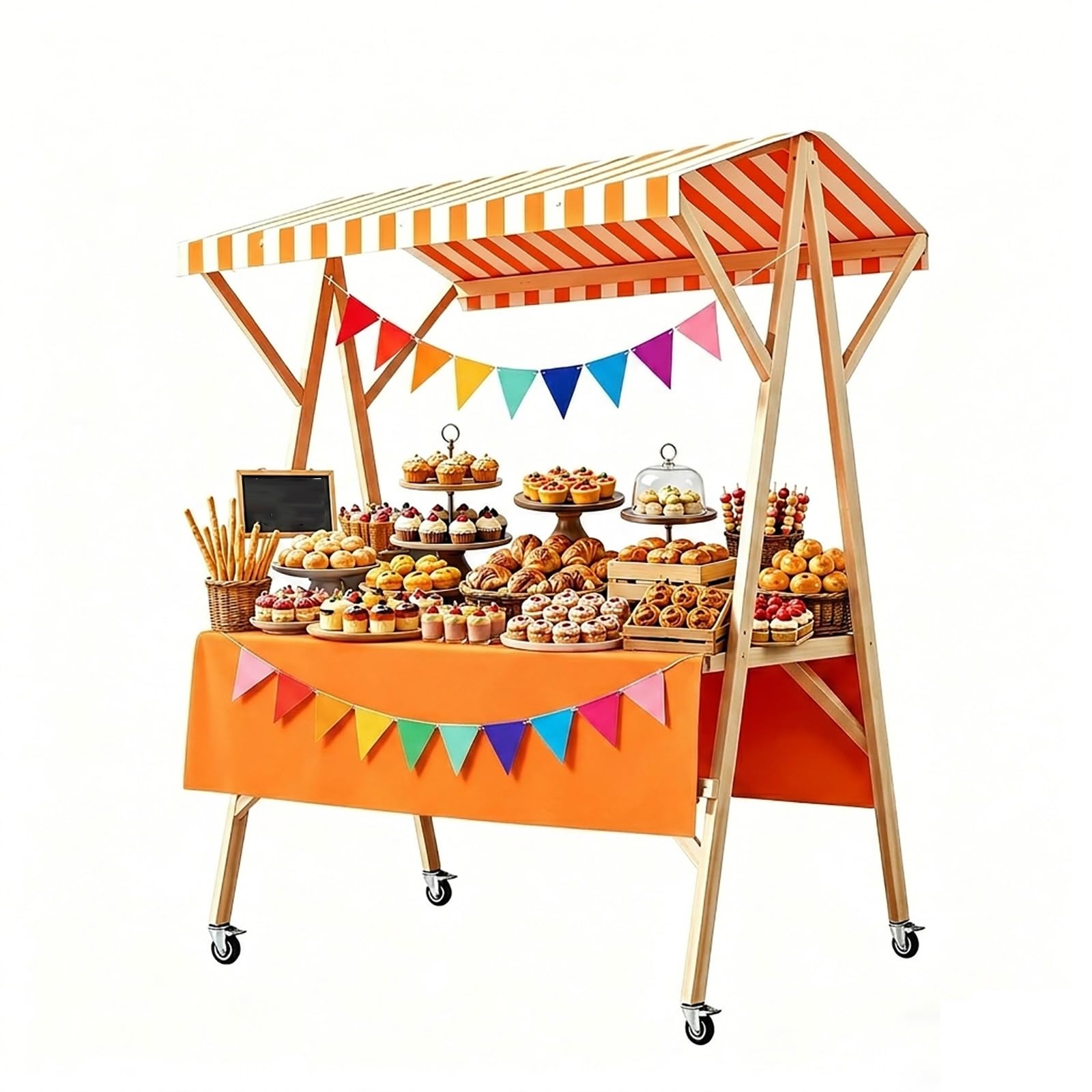 WYHBXD Wooden Market Stall Cart with Canopy, Foldable Vendor Booth on Wheels for Farmers Markets, Lemonade Stand, Parties, Blue(Orange,150cm/59)