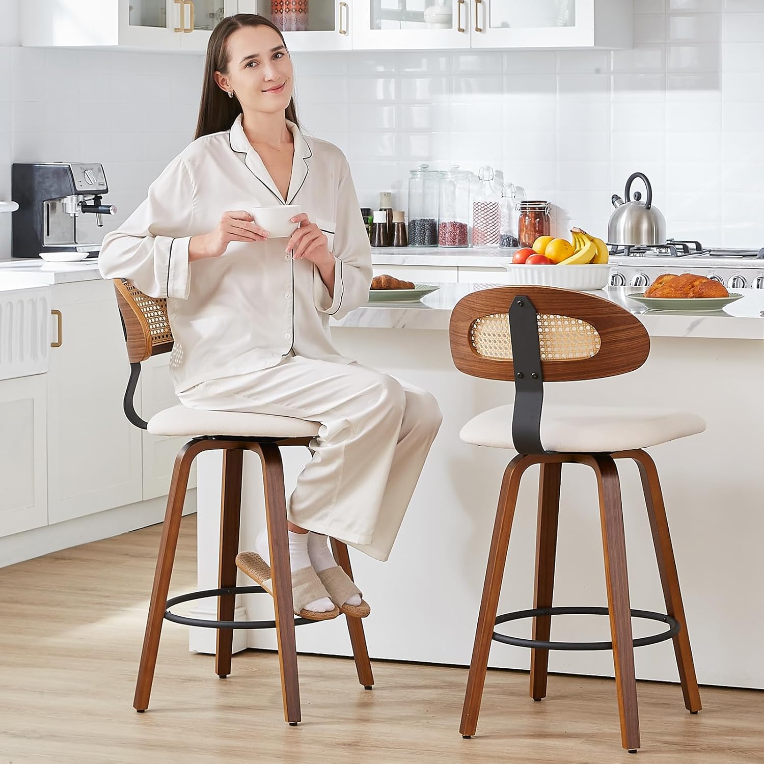 kinmars Swivel Counter Height Bar Stools, 26" Upholstered Seat Barstools with Rattan Back, Bentwood Frame Mid Century Modern Bar Chairs for Kitchen Island, Dining Room Bar Stools (White, Set of 2)