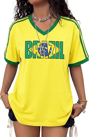 Soccer Jersey Shirt Women Brazil Jersey Shirts Graphic Soccer Fans Tshirt Y2K V Neck Short Sleeve Tee Tops