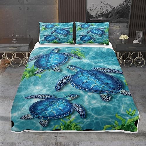Miniatura 2 de MILANKET Juego de ropa de cama de tortuga marina, tortuga marina azul y algas marinas, tamaño individual, colcha de 3 piezas con temática de tortuga