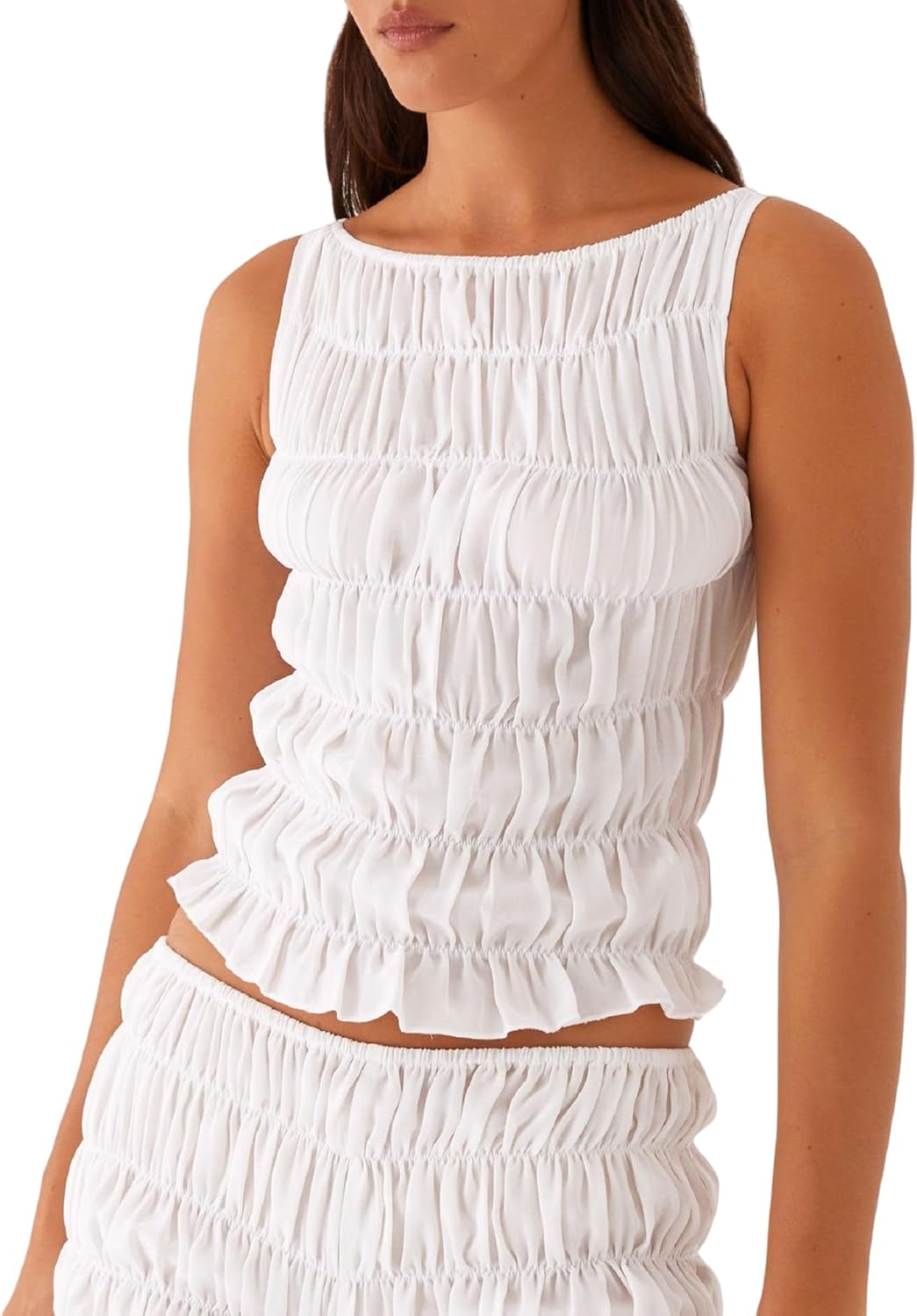 Women Y2k Smocked Tank Top Polka Dot Cute Peplum Crop Top Sleeveless Boat Neck Shirred Going Out Tops