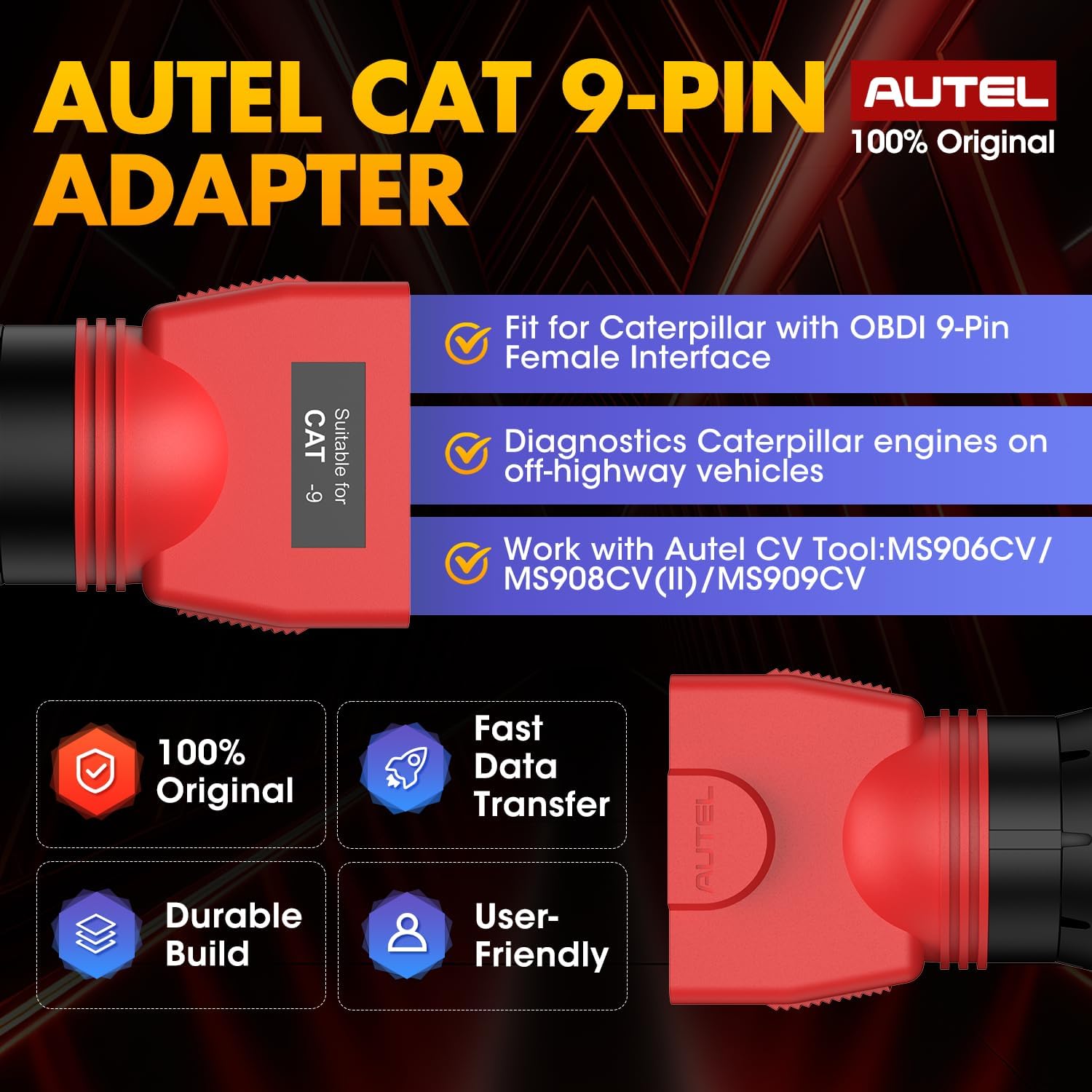 Autel Original MaxiSYS CV CAT 9-PIN Adapter, 9-Pin Off-Highway Vehicle Adapter for Caterpillar Engines, Compatible with Autel Scanner MaxiSYS CV MS908CV, MS908CV II, MS909CV, MS906CV and VCI