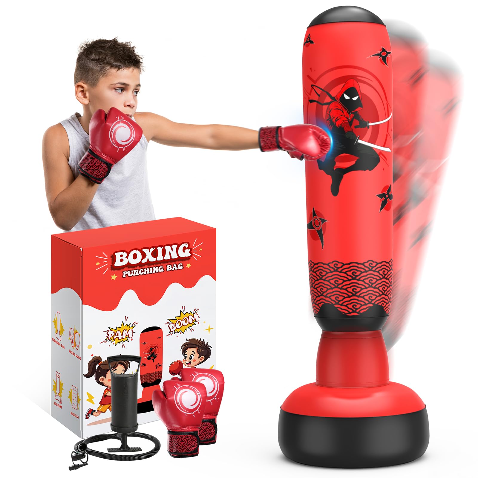Upgrade Punching Bag for Kids, 67" Stable Kids Boxing Set with Gloves and Air Pump, Premium Punch Bag Toy,Christmas Birthday Gifts for Boys & Girls Age 4-12 for Practicing Karate,Taekwondo,MMA