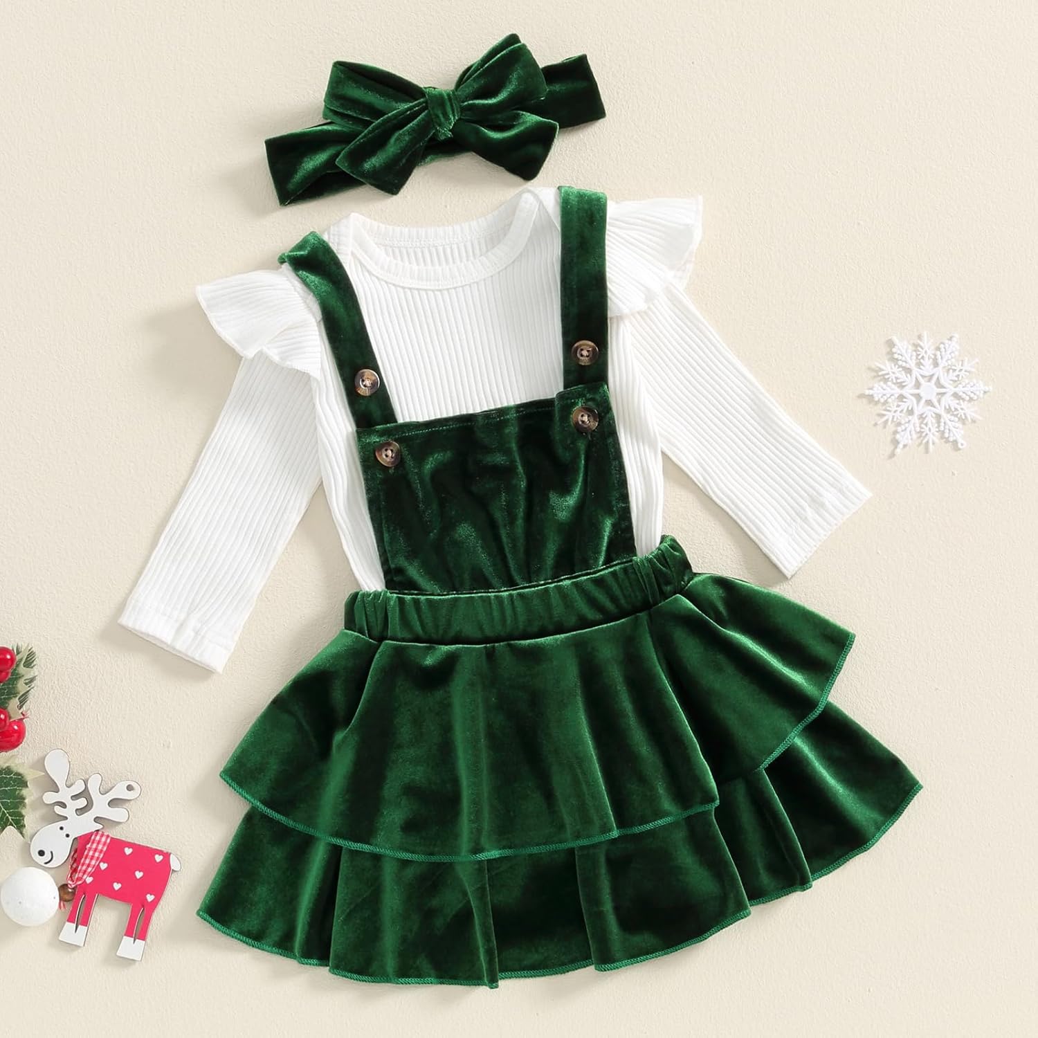 Thorn Tree Newborn Baby Girls Christmas Outfits Long Sleeve Onesie Romper+Velvet Suspender Skirts+Headband Clothes - Image 2