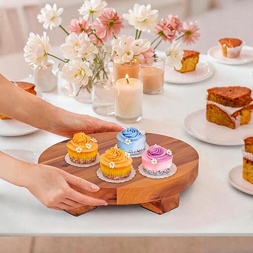 Miniatura 7 de Demigo Elevador redondo de madera de acacia de 9.5 pulgadas, soporte de exhibición con pedestal con pies para plantas, velas, jabón, decoración de