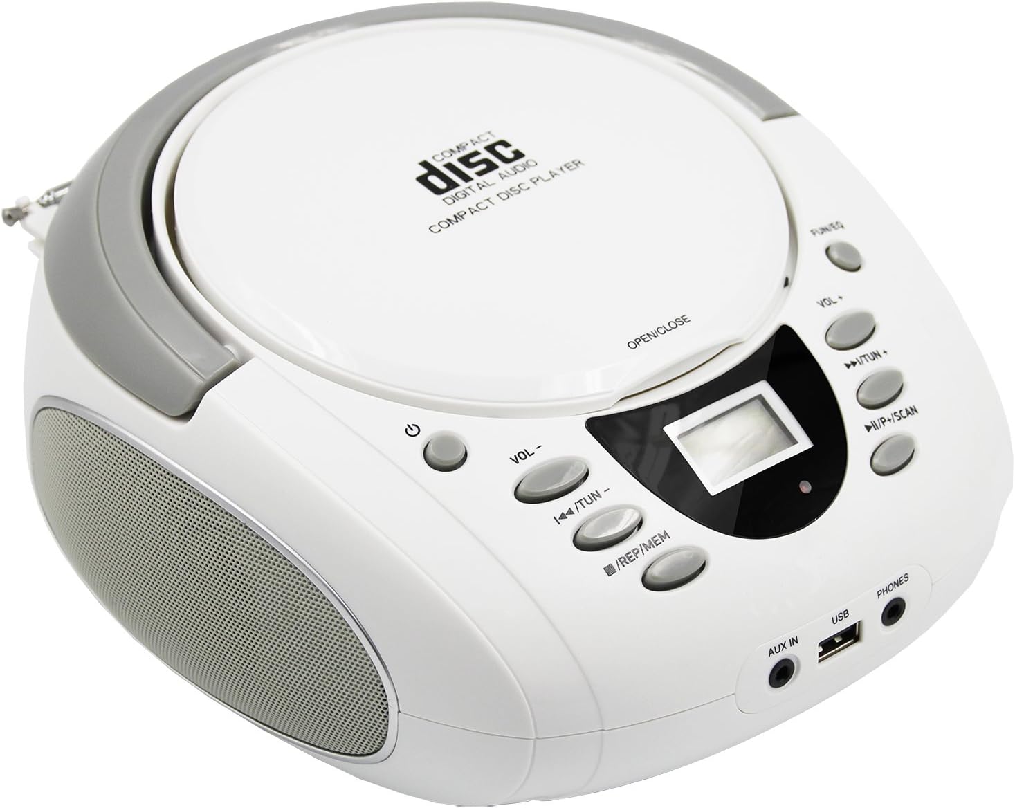 LONPOO CD Player Portable Boombox FM Radio, Bluetooth MP3/CD Player, with Aux-in, USB&Headphone Jack (White)
