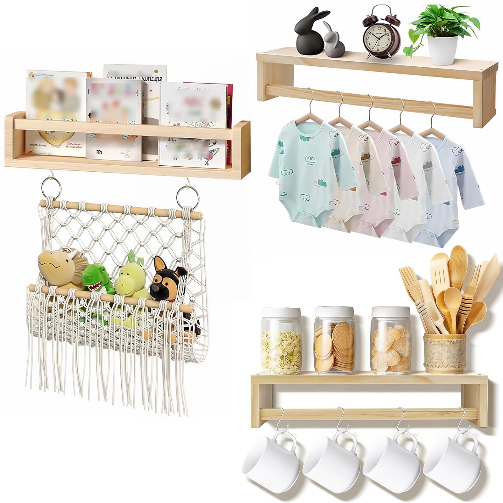 crayfomo 3 Pack Wooden Floating Shelves with Stuffed Toy Net,42CM Reversible Wall Mount Nursery Book Shelf, Children Book Display Shelves for Baby Bedroom Playroom Kindergarten Bathroom Living Room