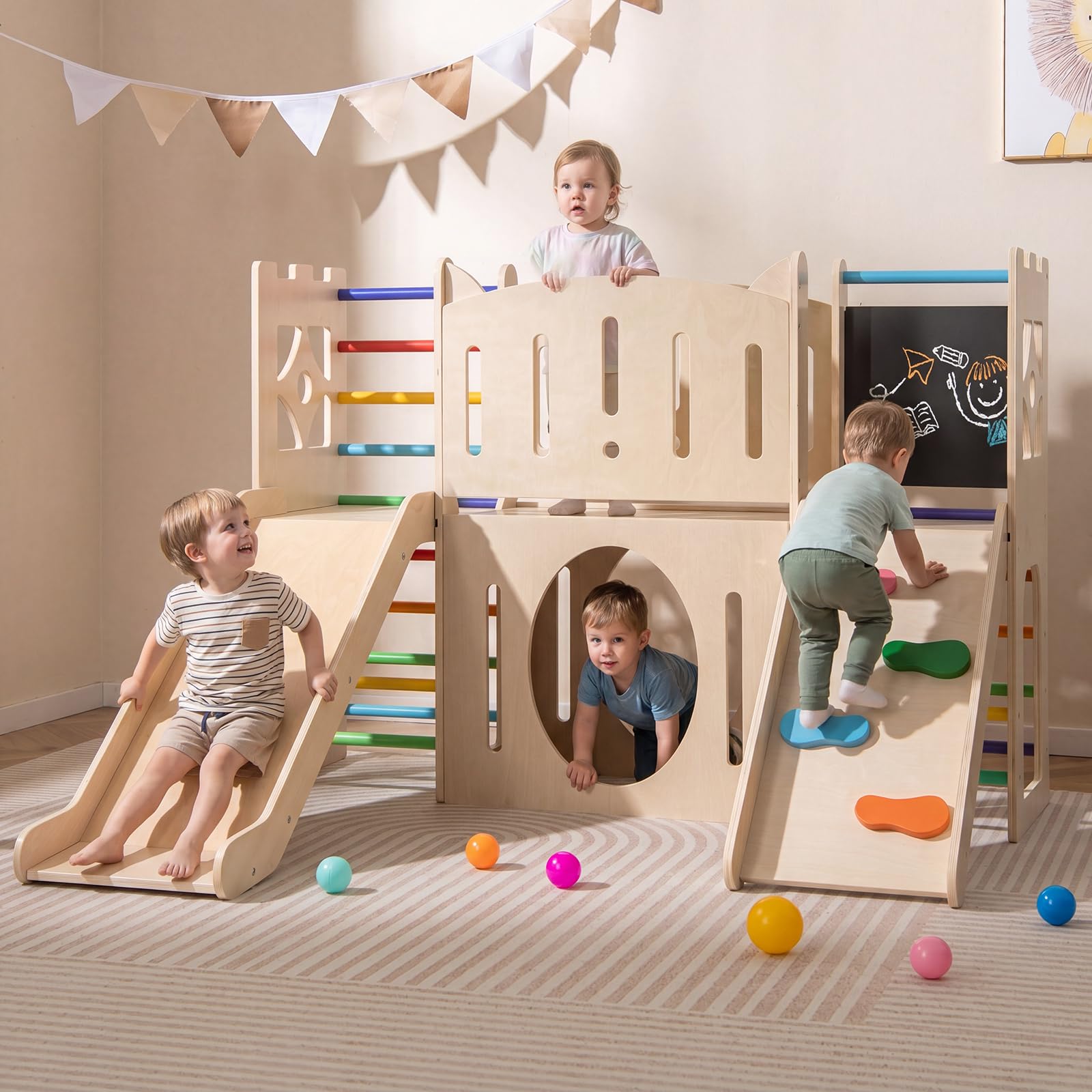 COSTWAY Kinder Rutsche Klettergerüst, 8-in-1 Indoor Spielplatz (Farbig) | Holz Rutsche mit Kletterleiter & Kletterrampe, Tunnel, Tafel, Stauraum, für Kinder ab 3 Jahren