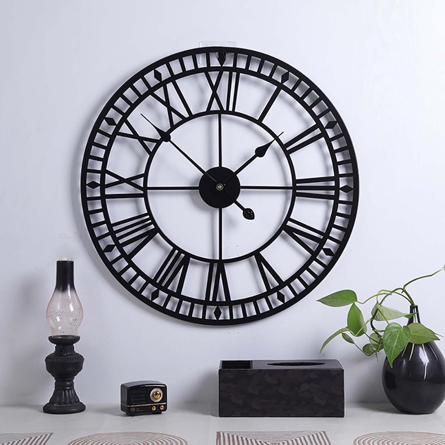 24 Inch Large Outdoor Clock, Large Vintage Cast Iron Wrought Garden Wall Mounted Clock Silent NonTicking Roman Numerals Wall Clocks, Indoor Outdoor Metal Clock for Home Decor,60cm/24inch