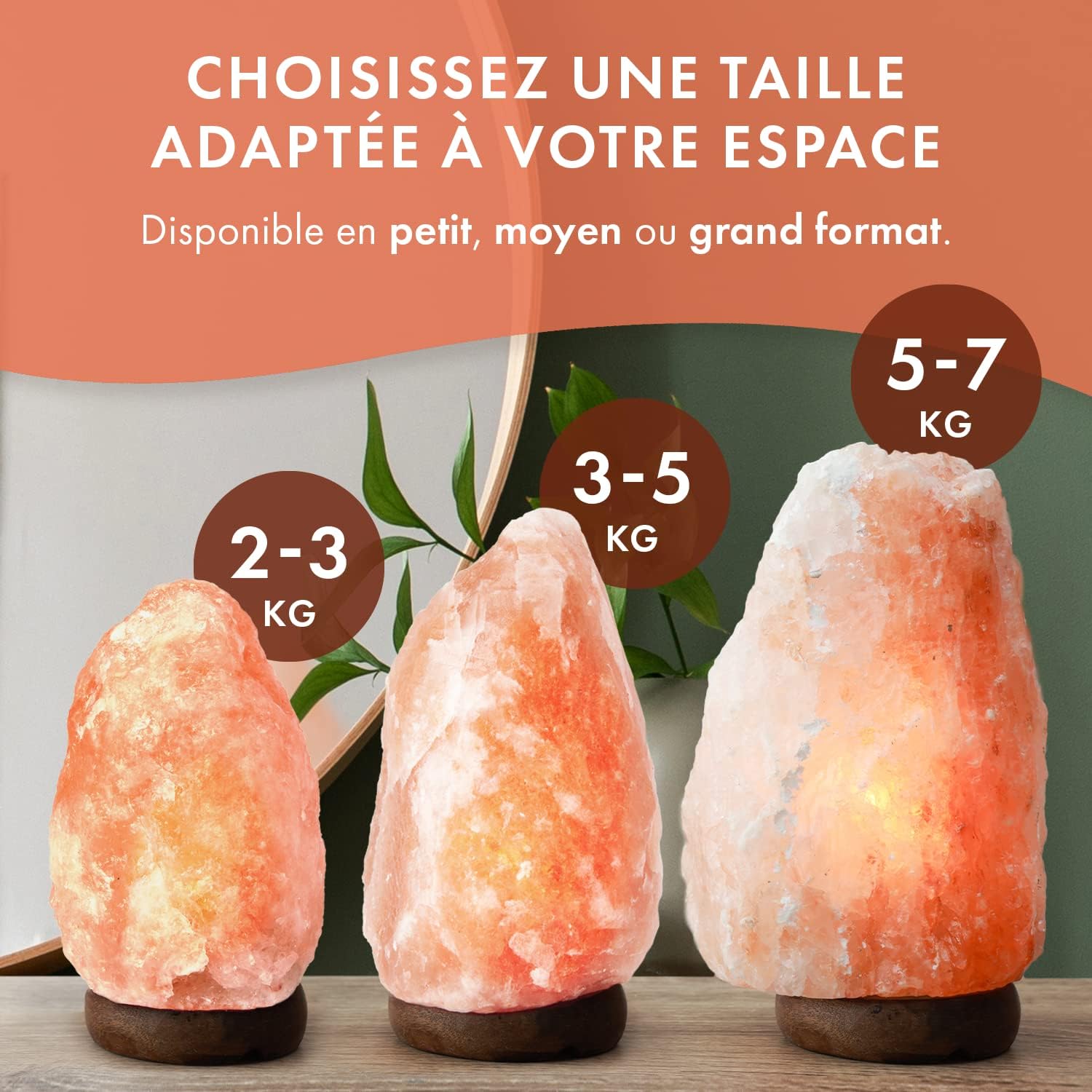 Three Himalayan Salt Lamps of different sizes: 2-3kg, 3-5kg, and 5-7kg.