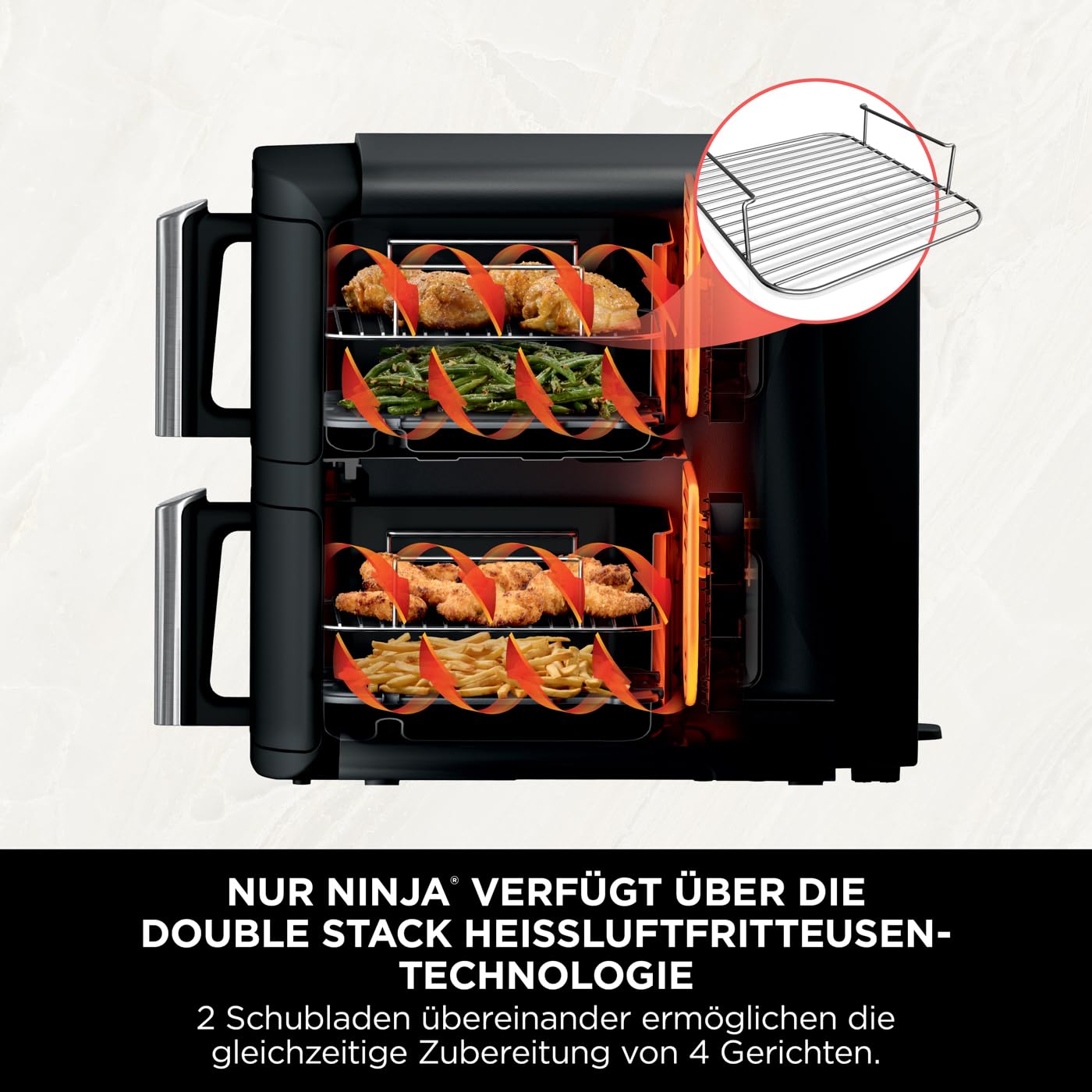 Ninja Double Stack Heißluftfritteuse, 7,6L Digitale Air Fryer Doppelkorb mit 4 Kochstufen, 2 Schubladen, 2 Gestelle, Platzsparendes Design, 6 Kochfunktionen, 6 Portionen, Schwarz SL300EU