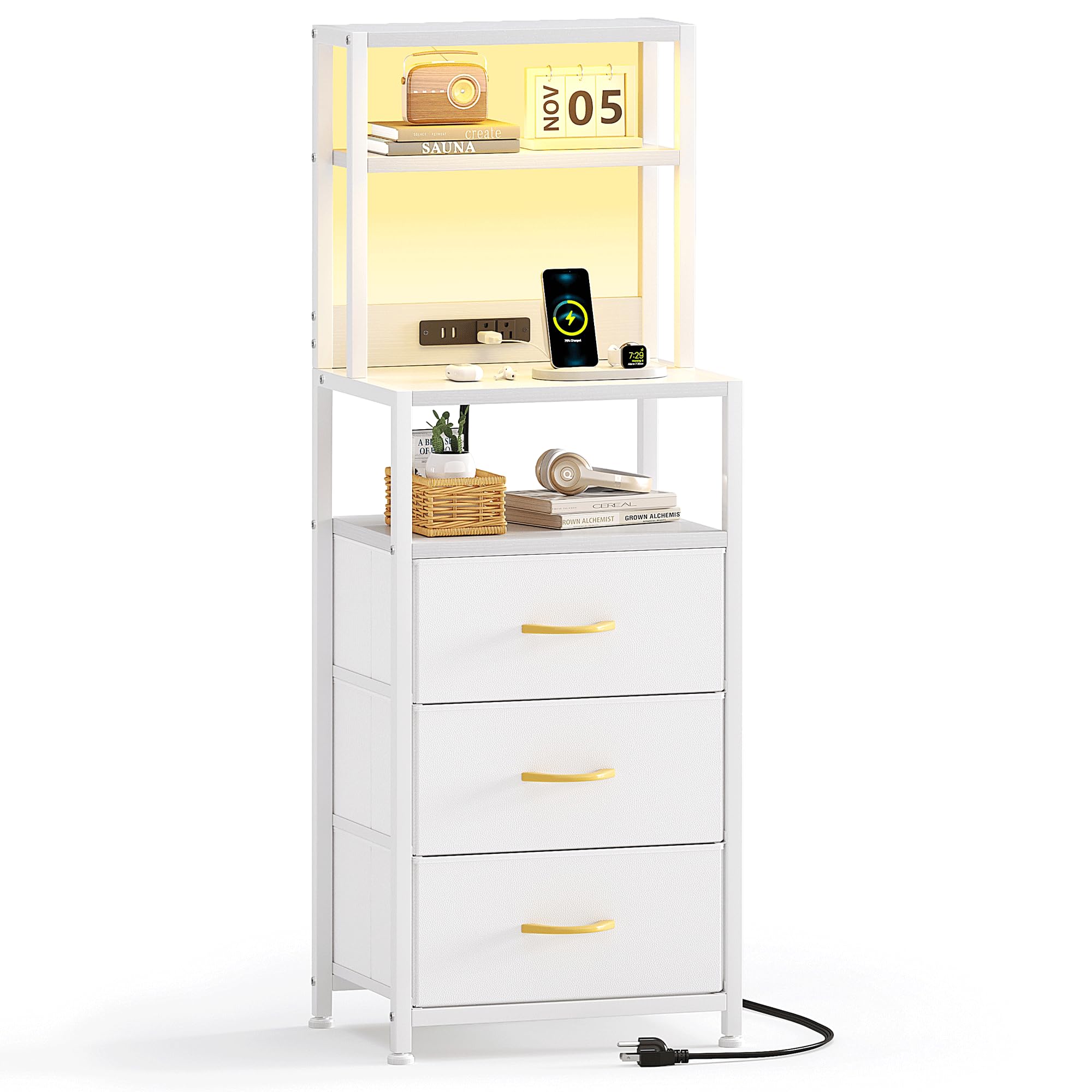 VERMESS Tall Nightstand with 4-Tier Shelves, Night Stand with 3 Fabric Drawers and Charging Station, Bedside Shelf with LED Light, Bed Side Table for Bedroom, Home Office, Dorm White