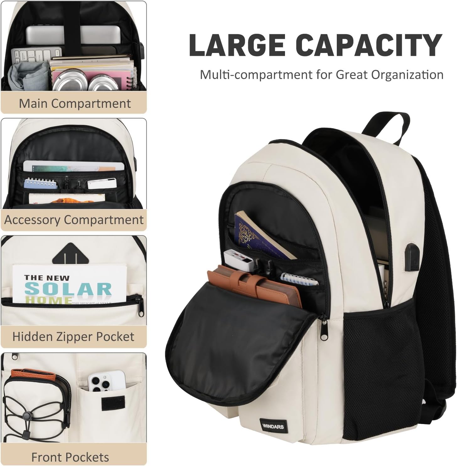 School Backpack for Women, College Bookbag Teen Girls 17.3 Inch Laptop Bacpack Cute School Bag with USB Port for Students (Beige)