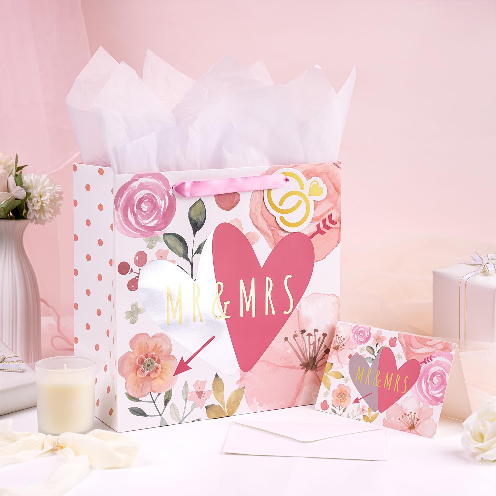 WRAPAHOLIC 10.5" Medium Gift Bags with Card and Tissue Paper - Mr & Mrs Design for Weddings, Engagements, Bridal Showers, Anniversary, Gift Wrap