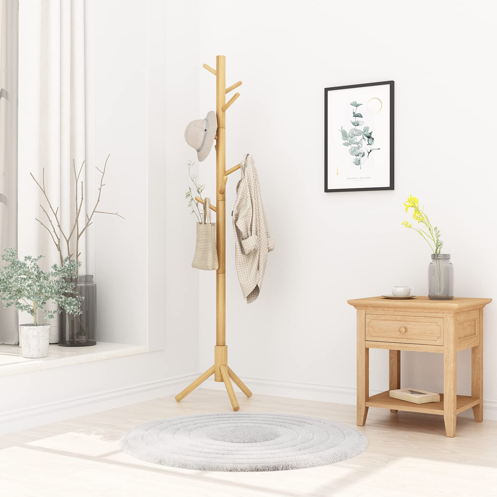 Appendiabiti Da Terra Con 8 Ganci - Legno Naturale, Base Quadrata 29x29x176 Cm