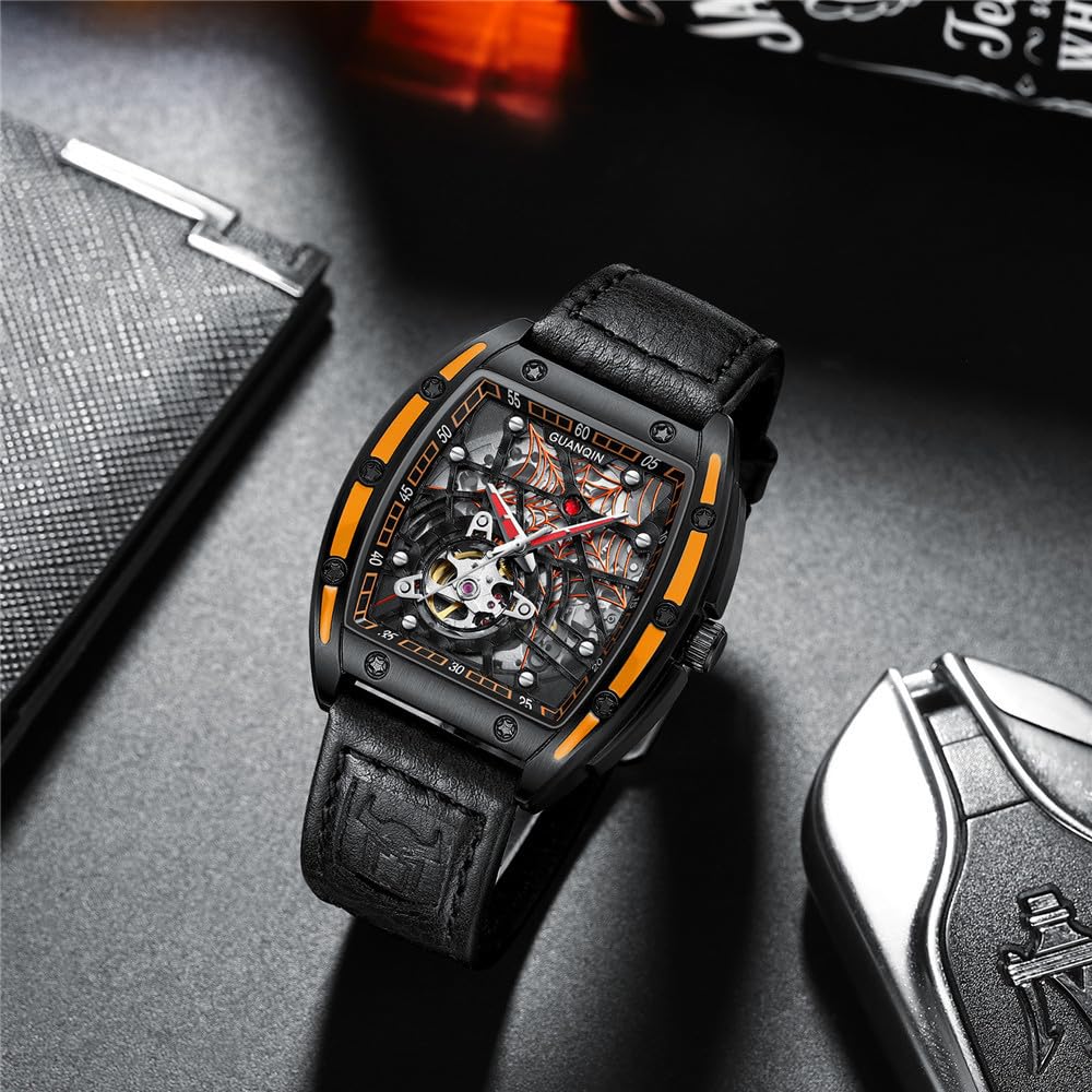 Guanqin Montre mécanique à remontage automatique japonais pour homme avec motif toile d'araignée innovante, saphir, double face, creux, étanche, en forme de tonneau
