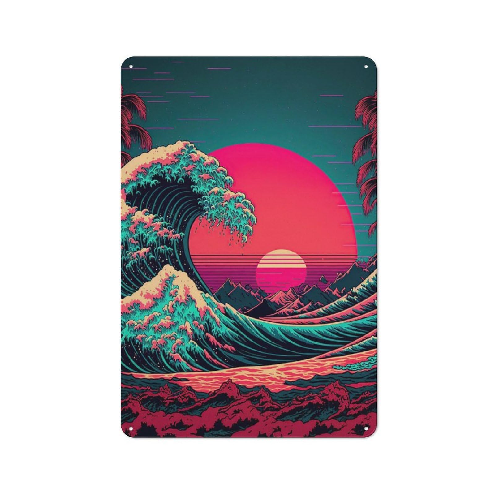 Junmoney Ocean Wave Japan Country Metal Wall Decor 30X20cm, Tin Wall Plaque For Cottage, Kitchen, Hallway Or Breakfast Nook