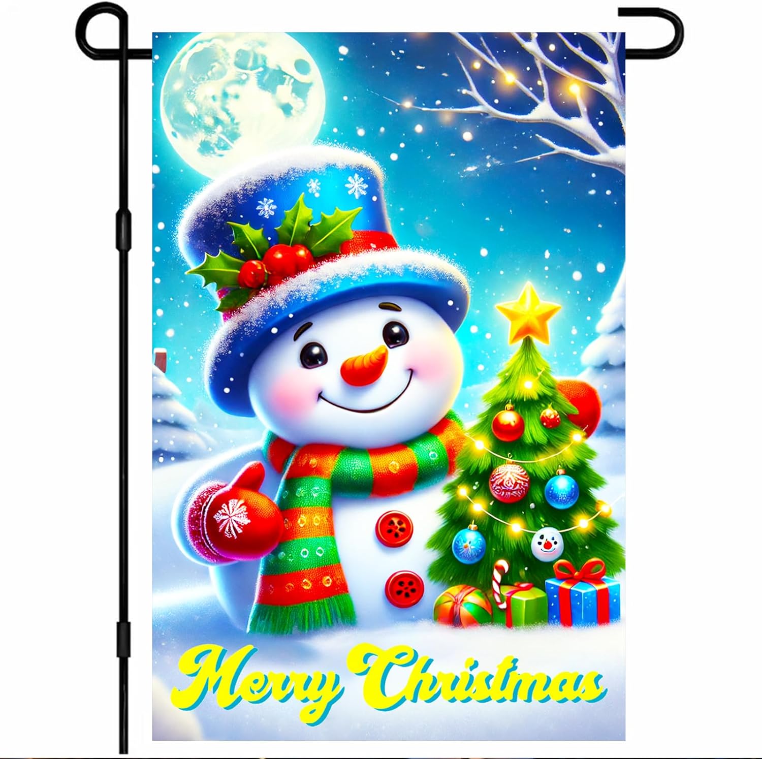 Christmas Garden Flag 12x18 Inch Welcome Snowman and Tree Yard Flag Double Sided Holiday Outdoor Banner with Starry Night and Merry Christmas Text for Winter Porch Lawn Patio