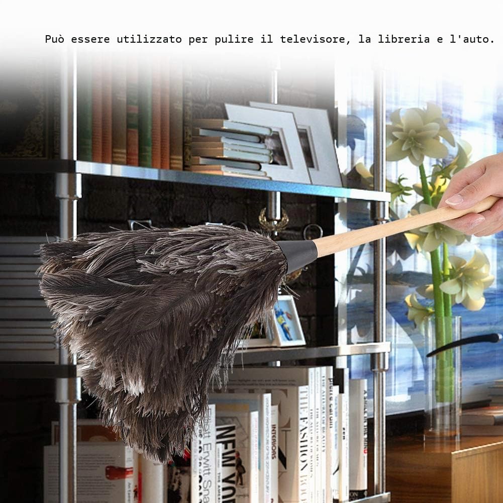 Spolverino per Piuma di Struzzo, Spolverino Soffice Piume di Struzzo Manico in Legno Riutilizzabile Lavabile ecologico Grande Pulizia per Piumino di Struzzo - 22,44 pollici