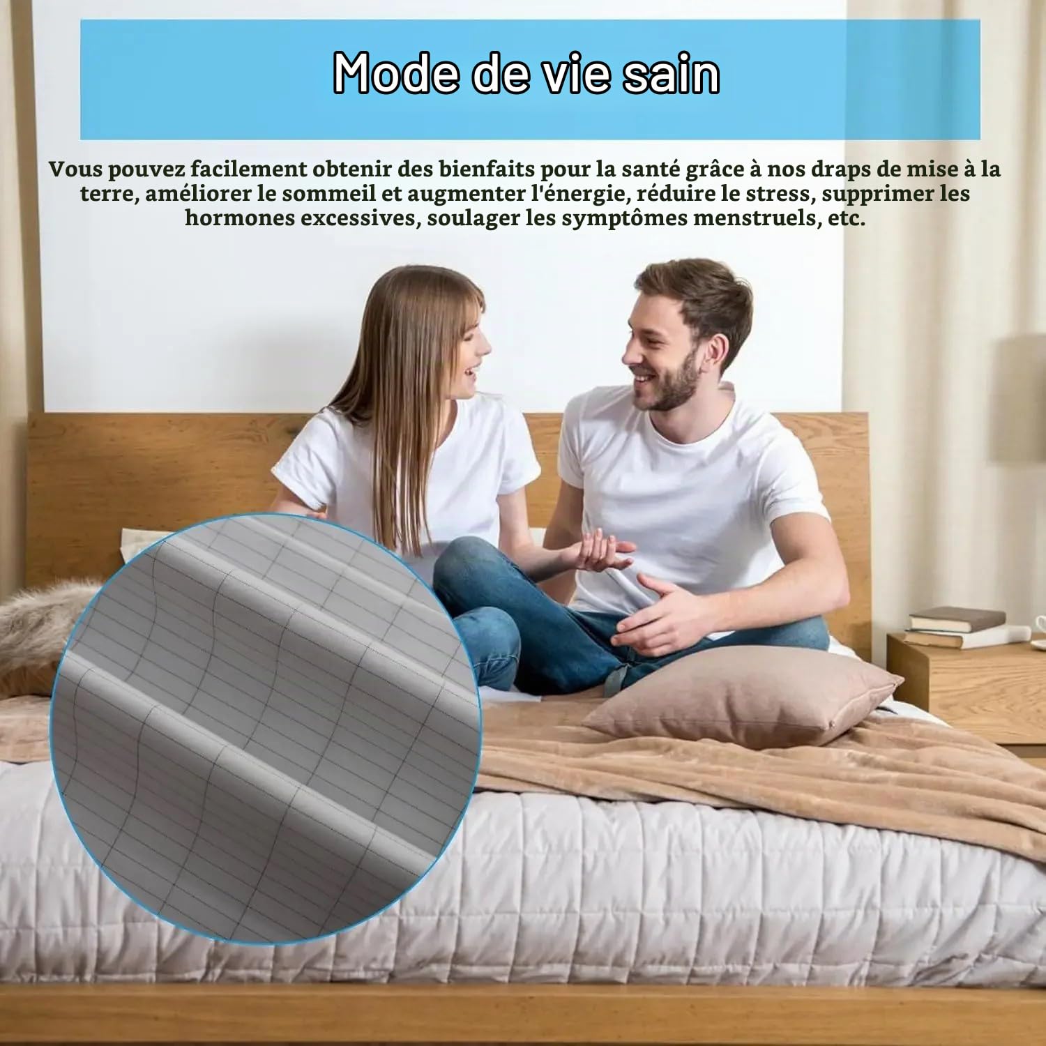 Drap De Mise à La Terre,Feuille De Tapis De Mise à Laterre avec Câble De Raccordement à La Terre,Drap De Lit 10% Fibre d'argent Pur Et 90% Coton Biologique,pour Un Sommeil Réparateur,99 x 203 cm