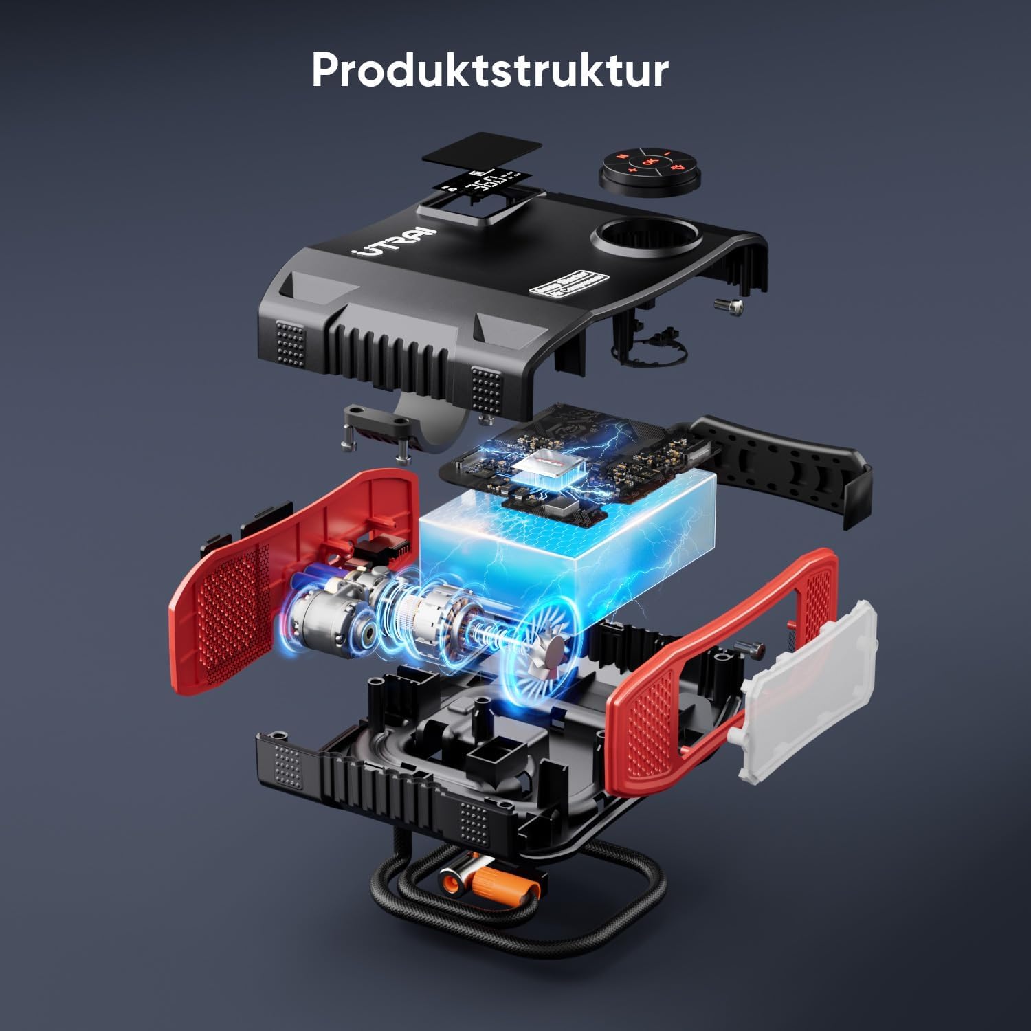 UTRAI 27000mAh Starthilfe Powerbank für Pkw, 7000A Booster Auto Starthilfe Powerbank mit Kompressor, 160W DC-Ausgang, 1600 Lumen LED Taschenlampe, Jump Starter für All Benzin, 12L Dieselmotor