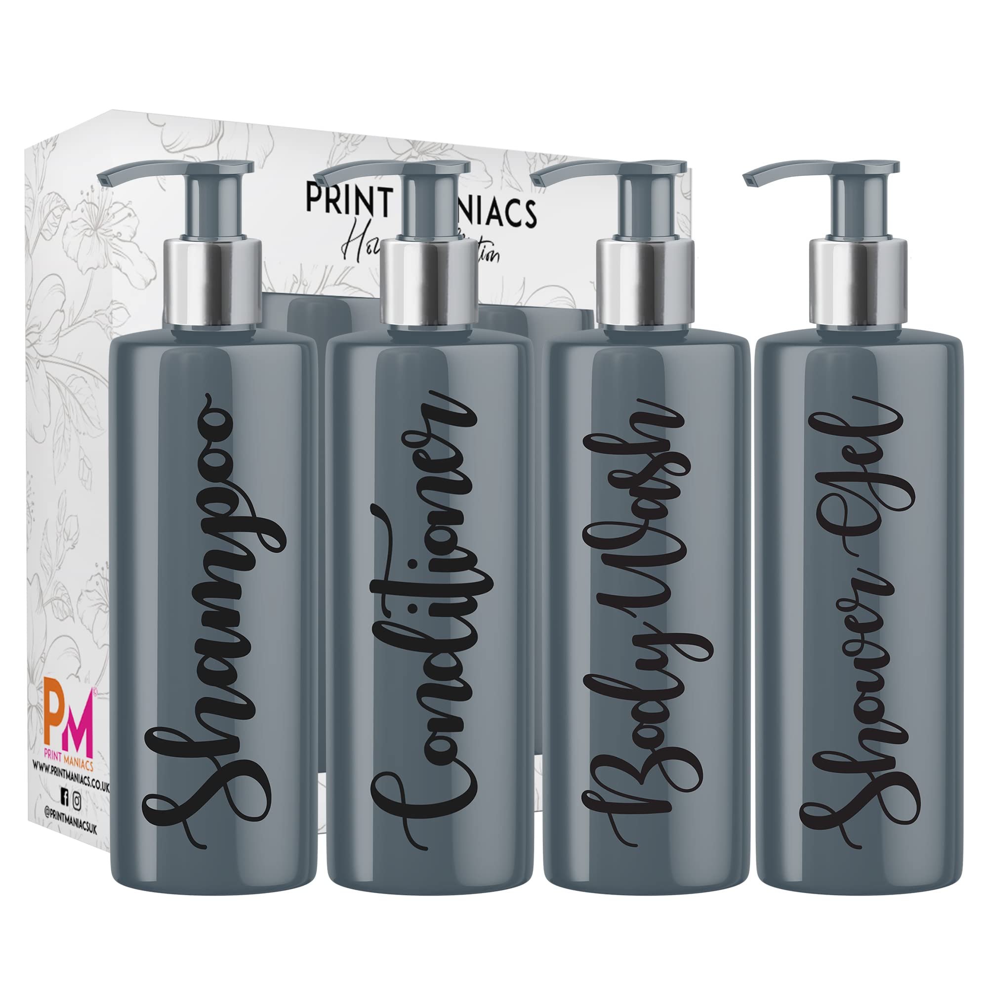 Print Maniacs Grey Mrs Hinch Inspired Personalised 500ml Pump Bottles Bathroom Lotion Kitchen Set Shampoo Conditioner Body Wash (Set 4 Shower Gel)) (Black)
