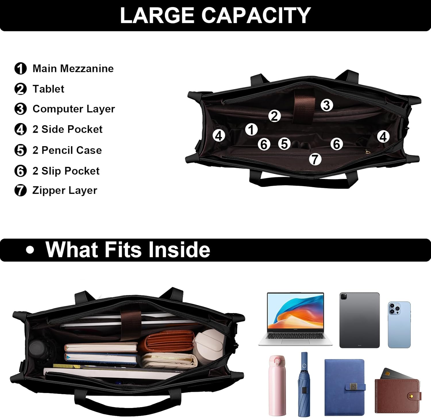 MOSISO Laptop Tote Bag for Women, 15.6 inch PU Leather Rhombus Quilted Work Bag with Cup Holder & Clutch Purse, Large Capacity Teacher Computer Briefcase for Business Office, Black - Image 3