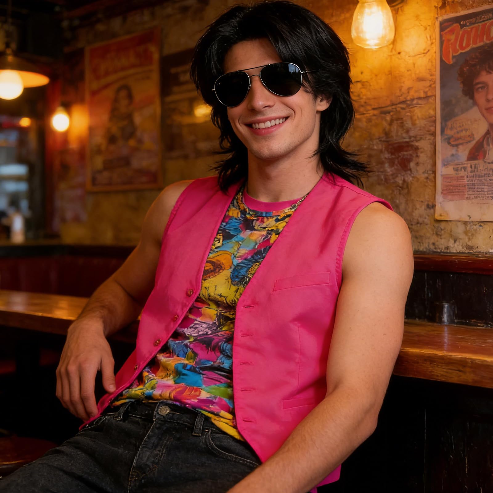 Nero Parrucca Mullet Uomo e Occhiali da Sole per Adulti, Naturali a Strati Corti Parrucca da Festa Halloween Carnaval Discoteca Fête de Cheveux Synthétique con Frangia pour Cosplay Carnaval