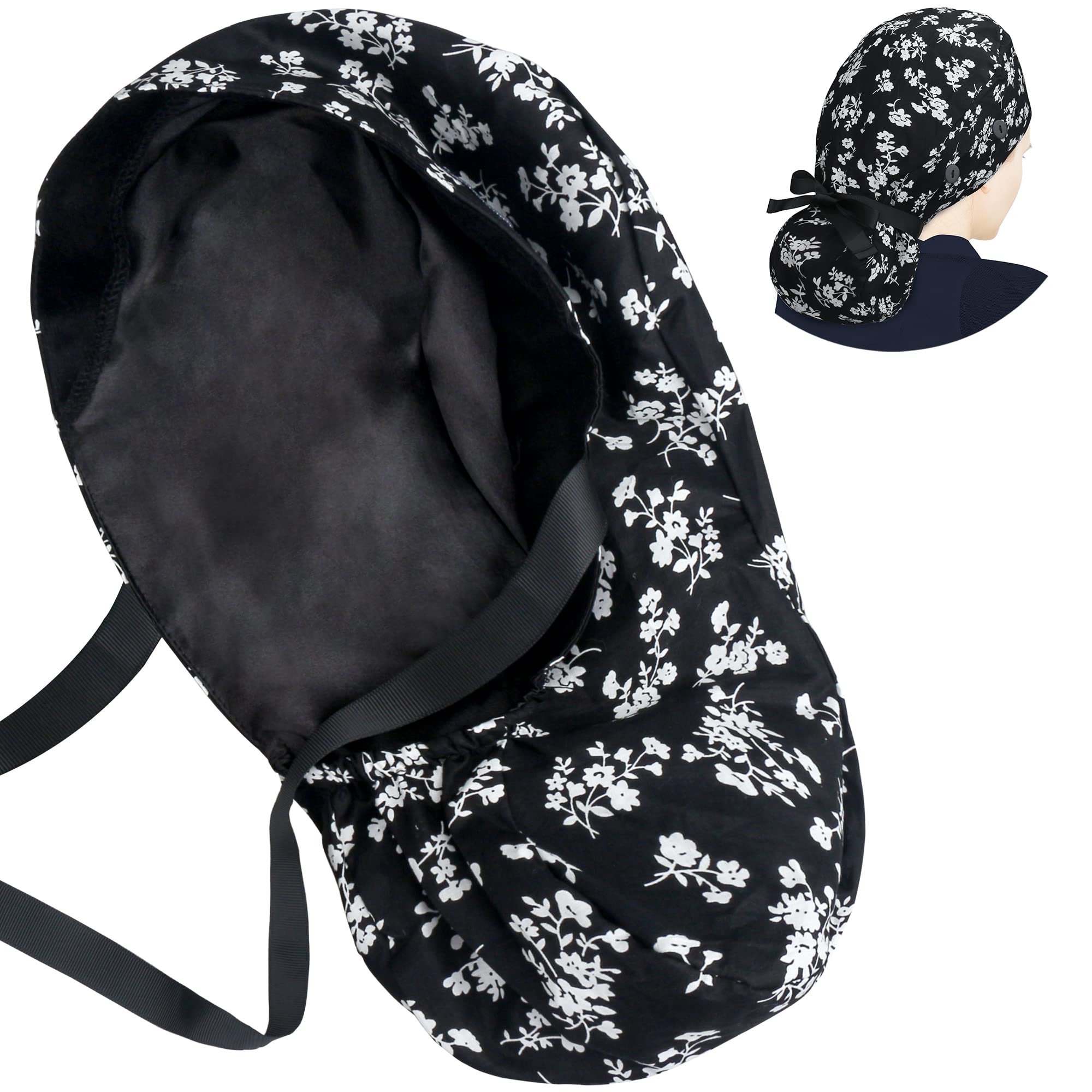Scrub Caps for Women Surgical Caps Nurse Hat Functional Ponytail Holder for Long Hair Single or Satin-Lined