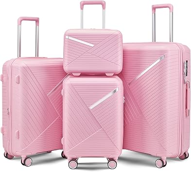 Luggage Sets 4 Piece14/20/24/28, Expandable Lightweight Suitcase with 4 Double 360 Degrees Mute Spinner Wheels PP Materials Durable TSA Lock Travel Luggage,Pink