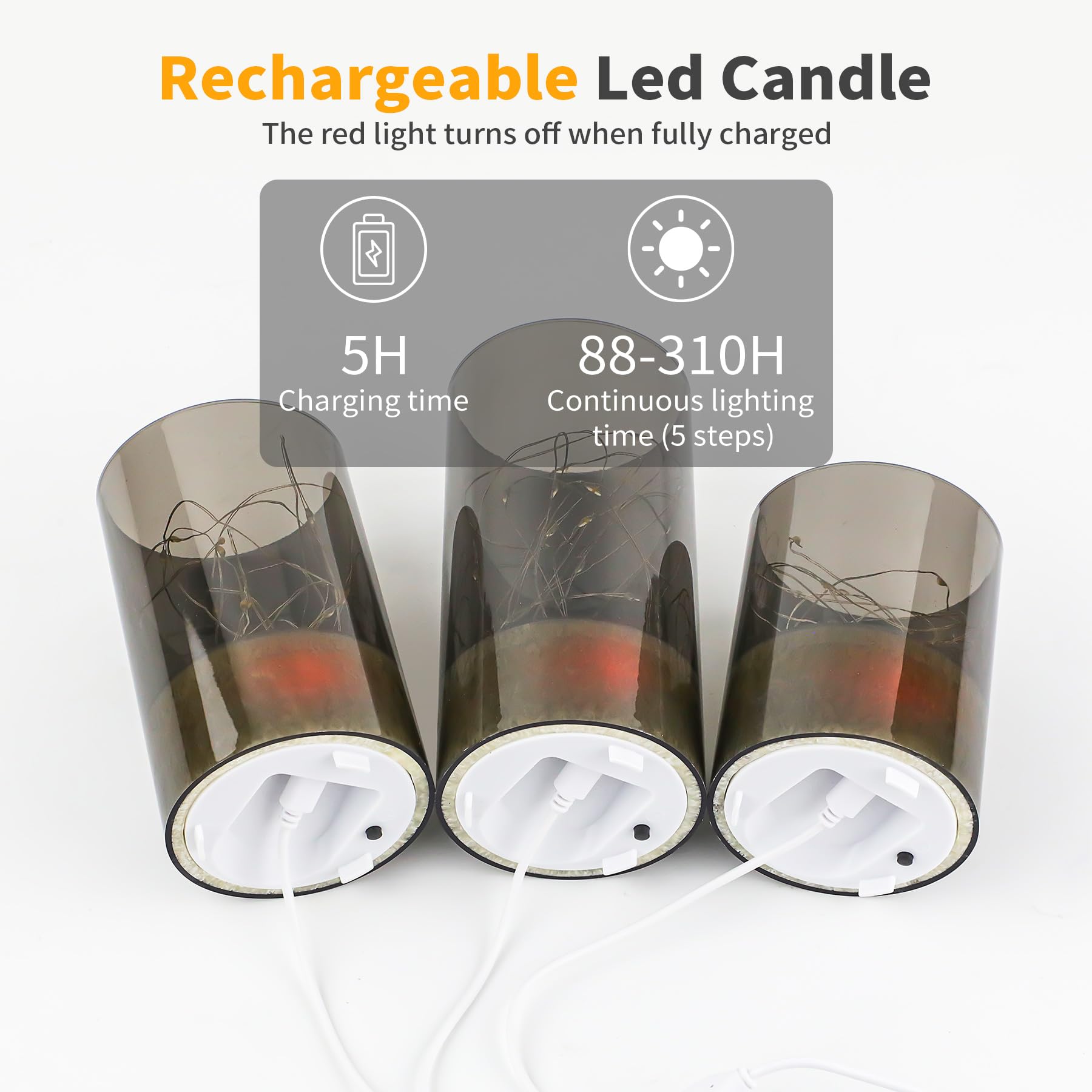 Forever Speed 3 Piezas Velas LED Recargable 1000mAH Luces de Hadas con Temporizador de Mando a Distancia Velas Decorativa Sin Llama para La Decoración Casera del Partido, Acampar, Boda - Gris