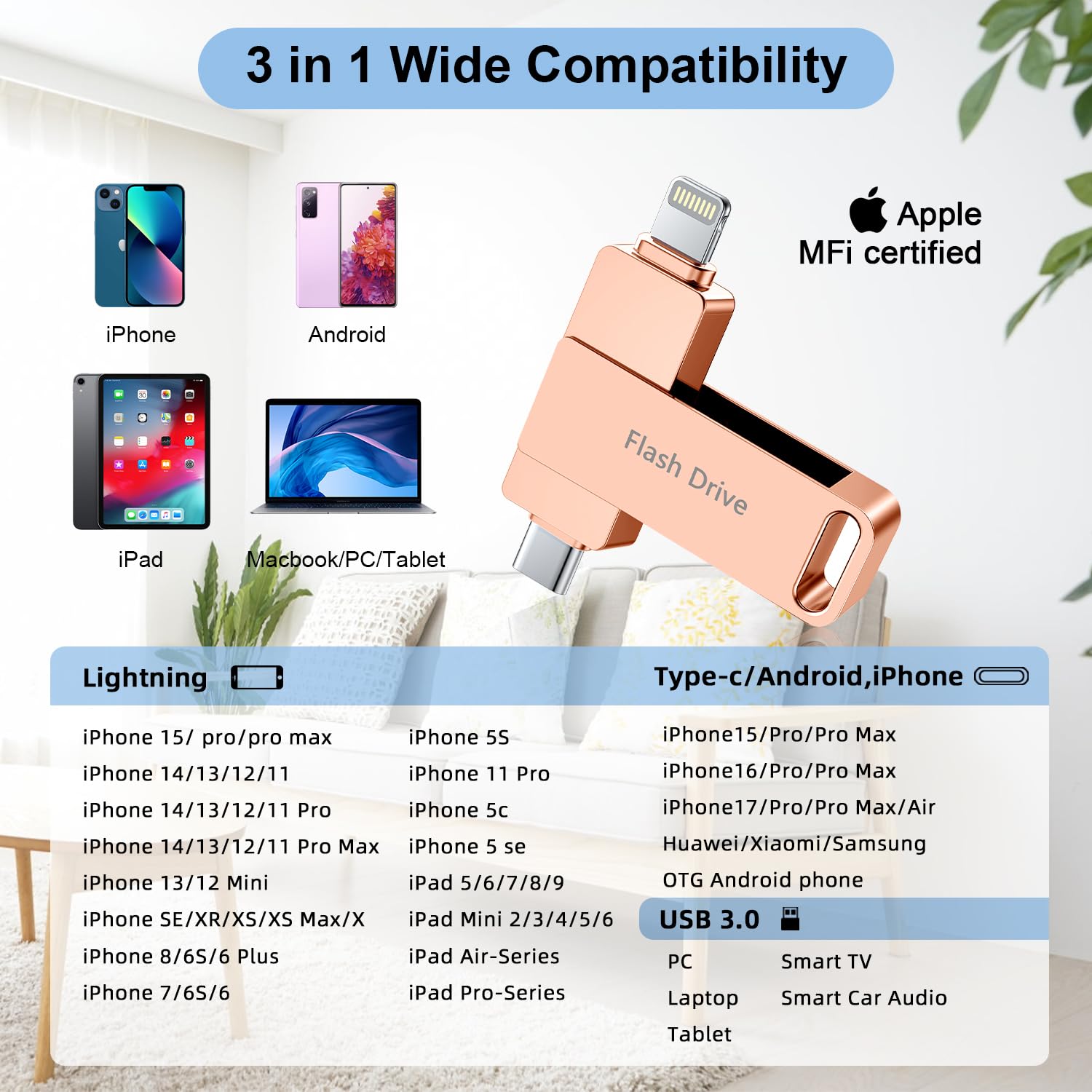 (No APP Required) MFi Certified iPhone Photo Stick, USB Flash Drive 512GB for Photo/Video Backup, 3 in 1 iPhone Memory Stick, High-Speed Thumb Drive Compatible for iPhone/iPad/Android/PC Pink — view 5