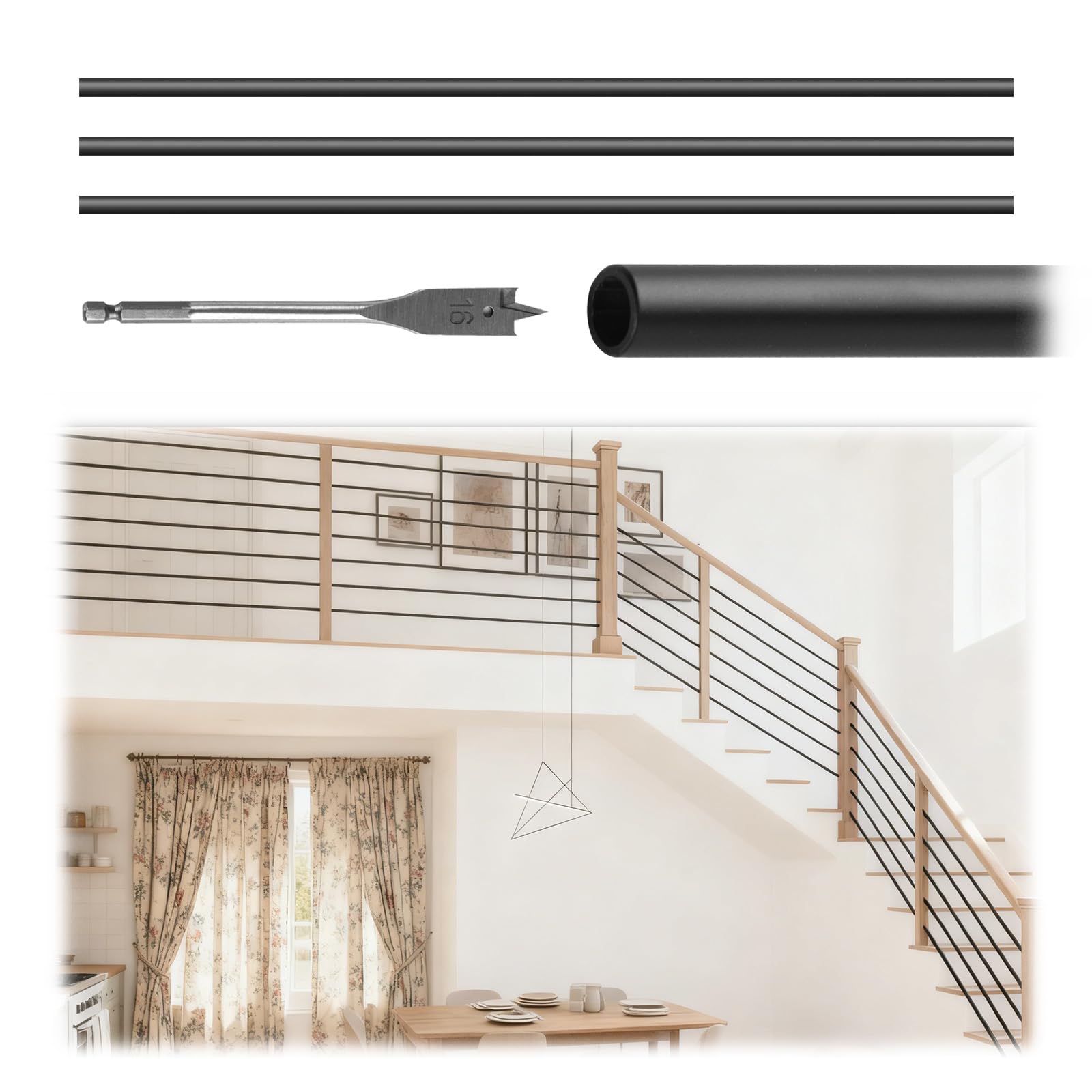 Patavin 8 Foot x 5/8-inch Round Horizontal Bar Baluster for Stair Remodel- Wrought Iron Hollow Staircase Metal Spindles for Indoor Staircase-Matte