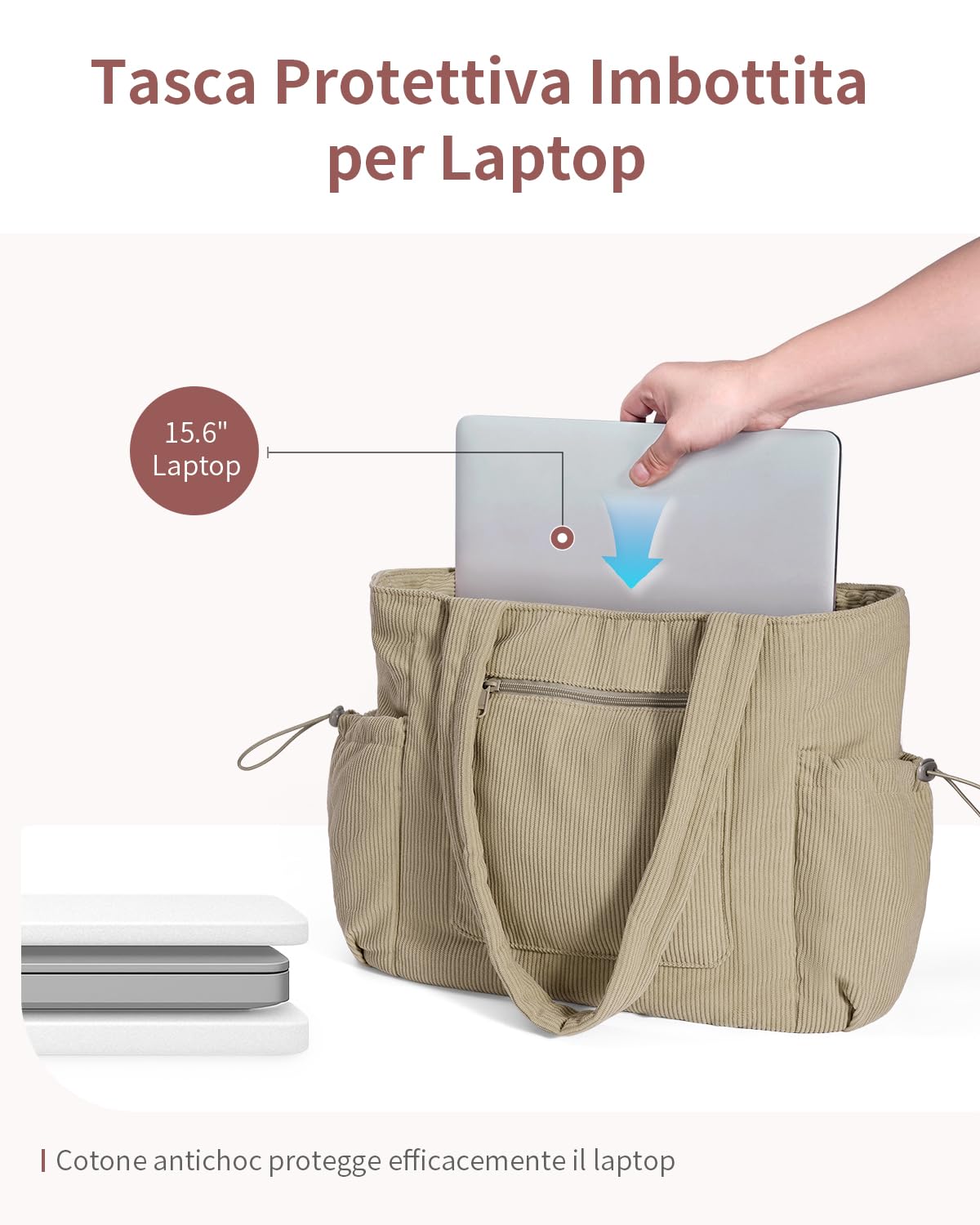 ECOHUB Borsa Tote Donna Velluto a Coste con Scomparto per Laptop da 15,6"