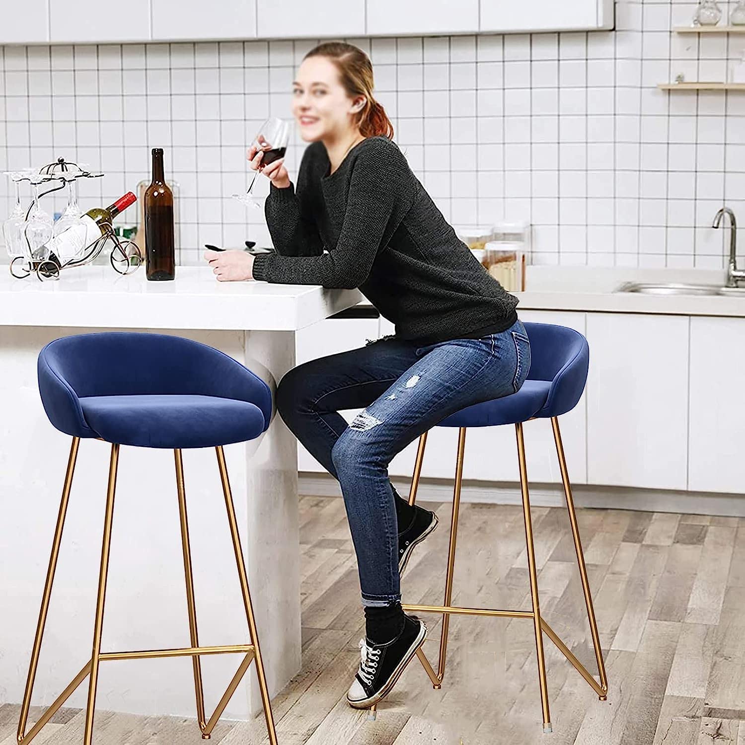 Set di 2 sgabelli da bar in velluto per cucina, isola colazione, bar, eleganti sedie da pranzo con design sgabelli da negozio, 2 pezzi