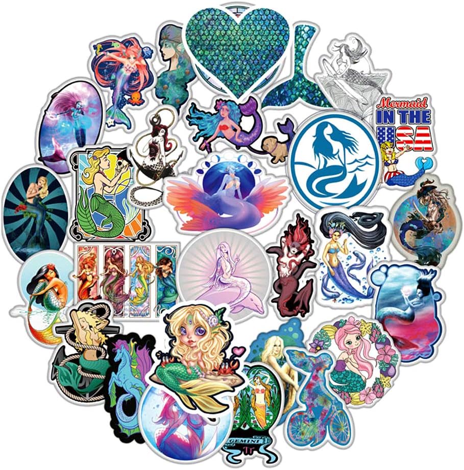 Vinyl Mermaid Stickers 50 Pcs Laptop Mermaid Stickers Pack Mermaid Decals for Water Bottle Laptops Ipad Cars Luggages