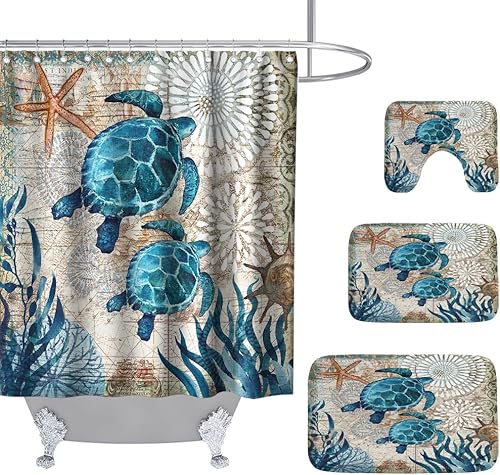 Juego de baño de tortugas marinas náuticas de playa con cortina de ducha coral con estrellas de mar y alfombras de 20 x 31 pulgadas, accesorios de